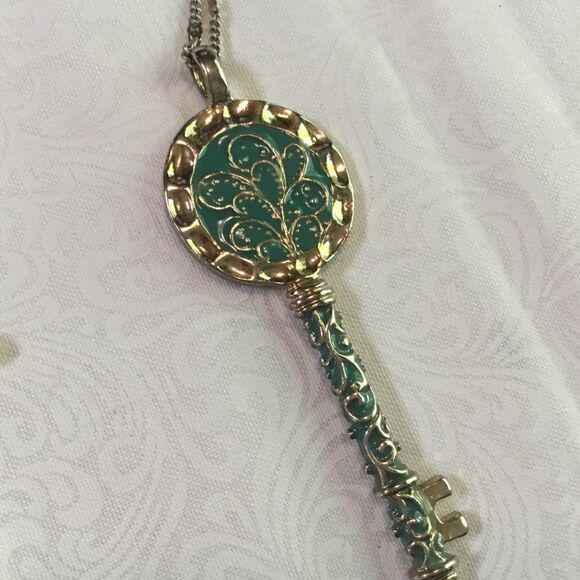 Turquoise Enameled Goldtone Key Pendant - Picture 2 of 5